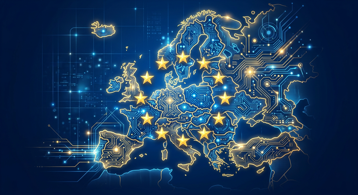 EU AI & Soevereiniteit — abstract digitaal kunstwerk in EU-blauw en goud