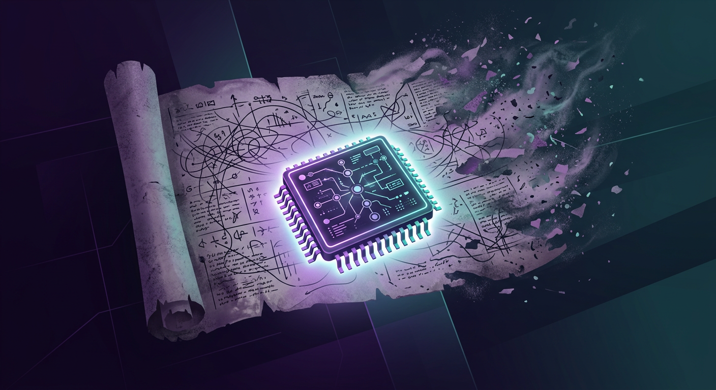 Abstracte kleine gloeiende geheugenchip met een compacte kaart, grote vervagende rol papier lost op