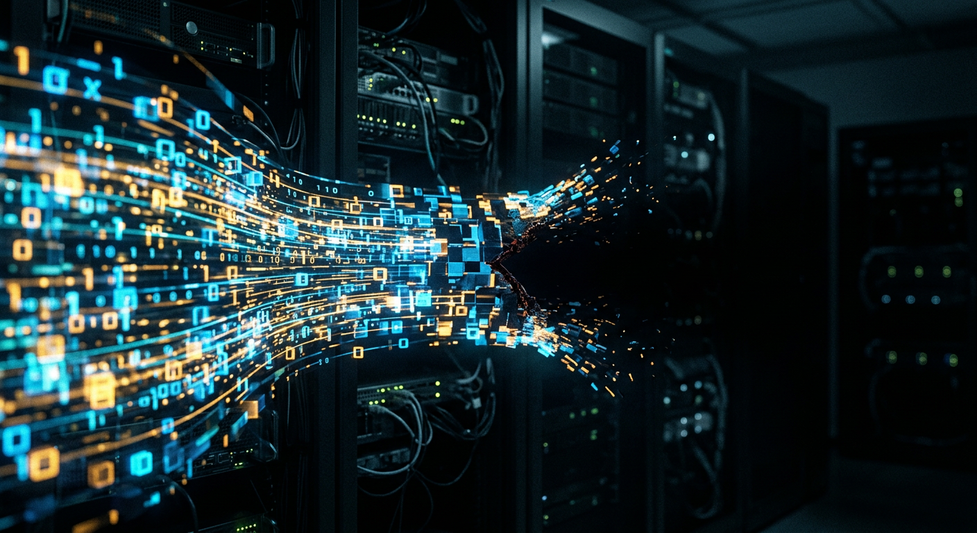 Een stroom gloeiende datablokken die midden in de overdracht wordt afgekapt in een donker gat