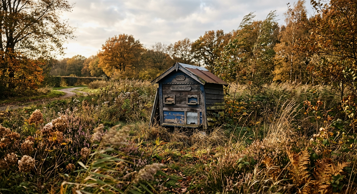 Verlaten bijenhuisje in de zon op een winderige oktoberdag