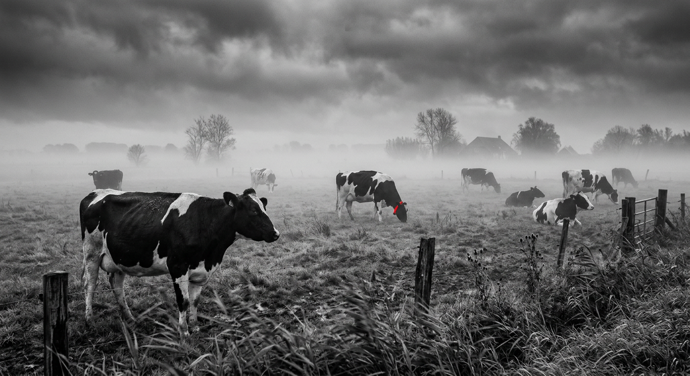 AI gegenereerde foto: subject=een mistig weiland met koeien, season=herfst, season_time=windertige oktoberdag, style=surrealistisch, mood=verwonderend, palette=zwart-wit met één kleuraccent, weather=bewolkt, nu 13°C, vanmiddag max 19°C, 89% luchtvochtigheid
