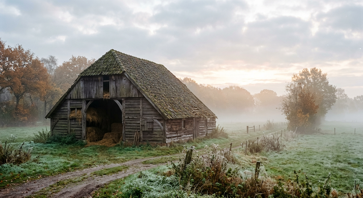 Oude hooischuur bij zonsopgang in een mistige herfstochtend