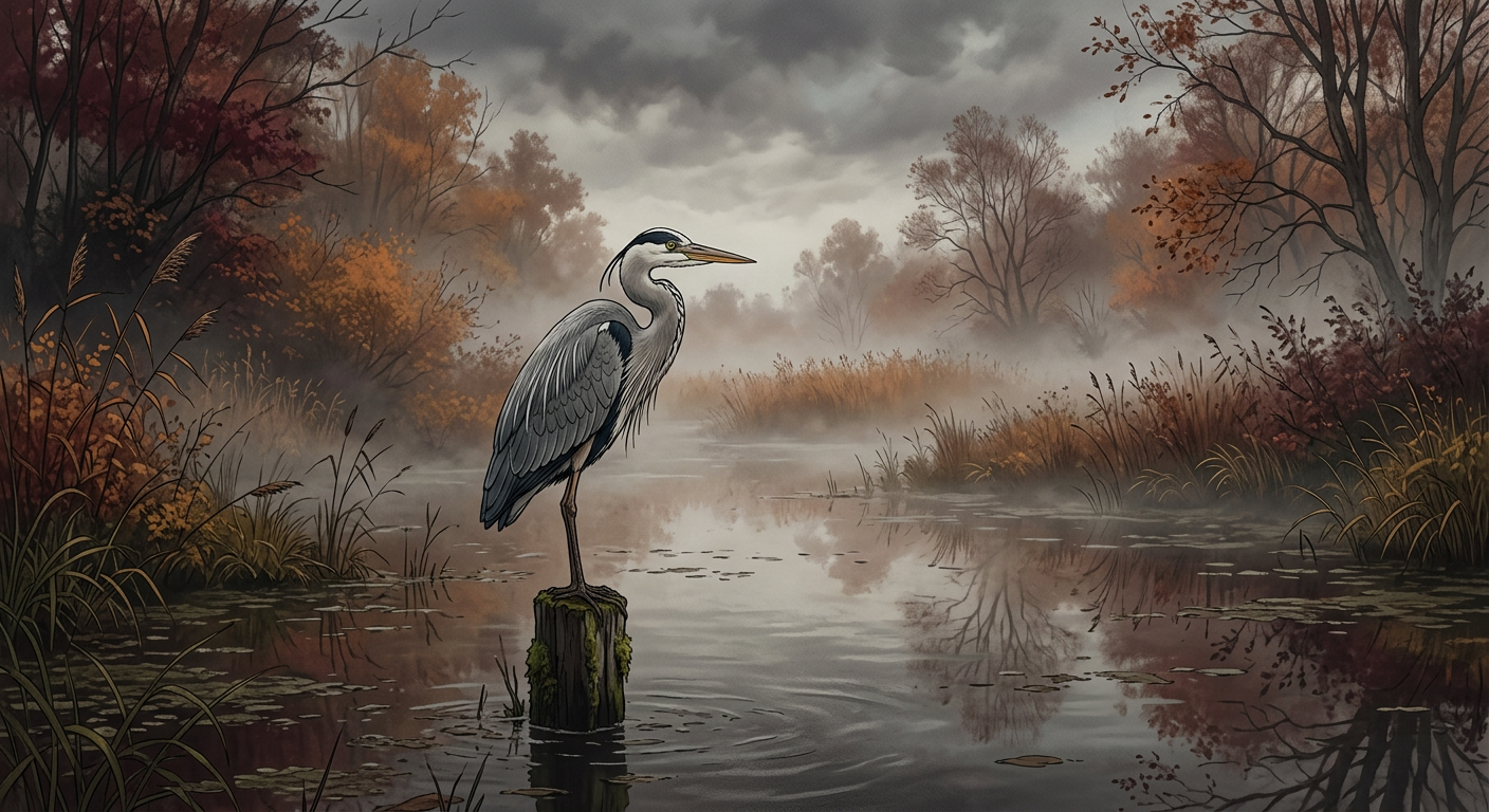 AI gegenereerde foto: een eenzame reiger in herfstmist