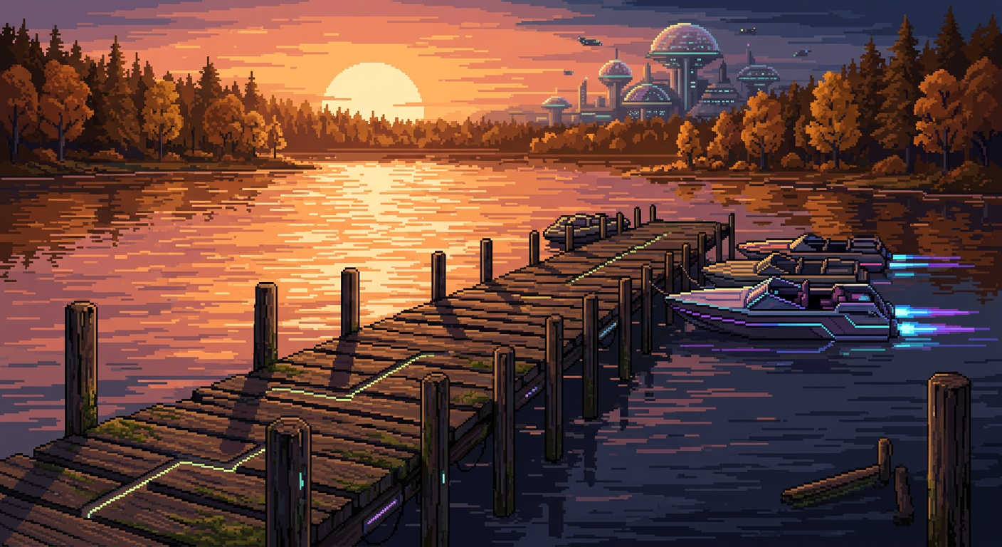Dagelijkse AI Foto 11 oktober 2026 — goudkleurige novemberdag met een oude houten aanlegsteiger, futuristische stad en herfstbos, in pixel-art