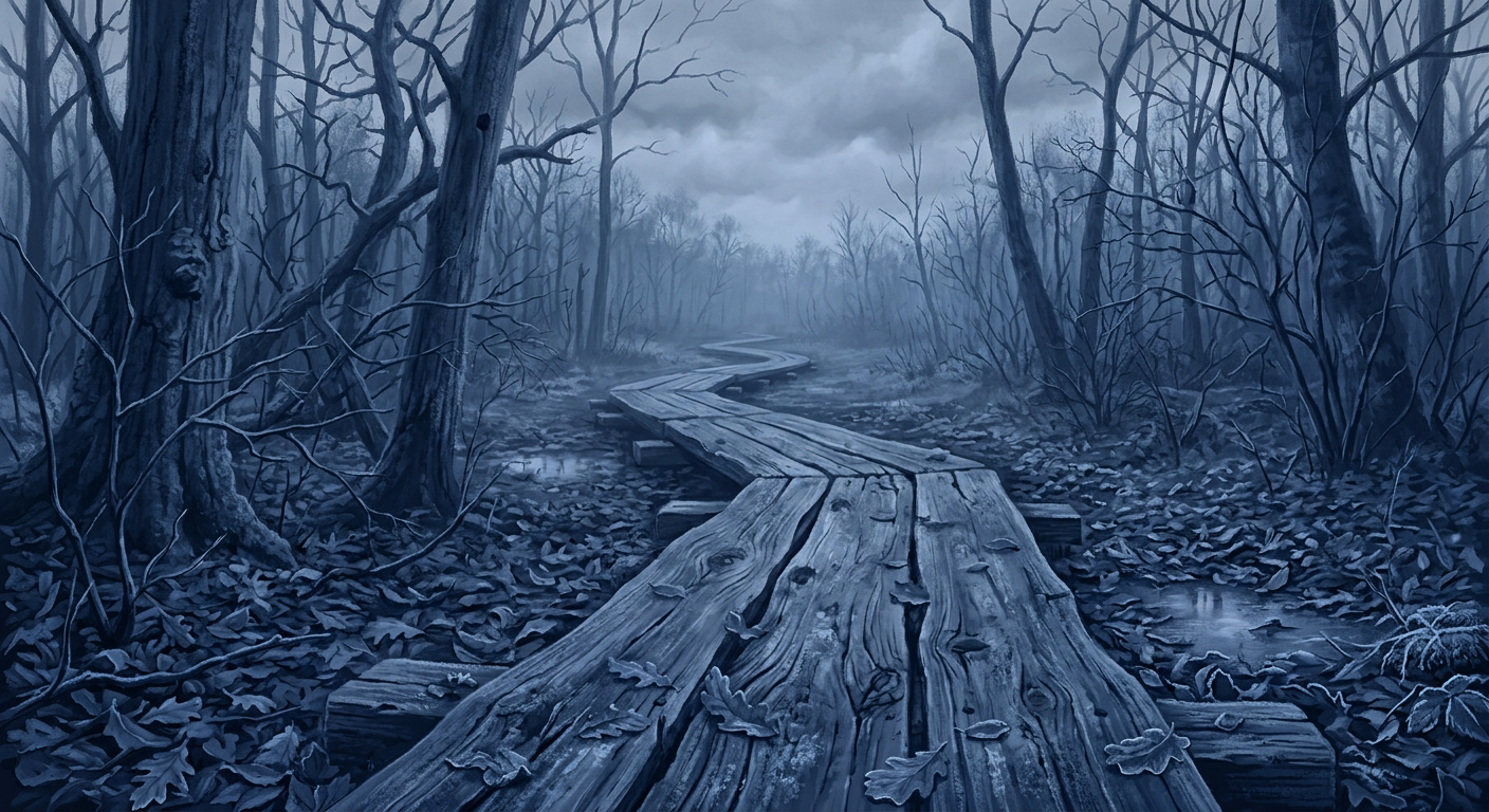 AI gegenereerde foto: een kronkelende houten loopplank door een kaal, mistig herfstbos in monochroom blauw