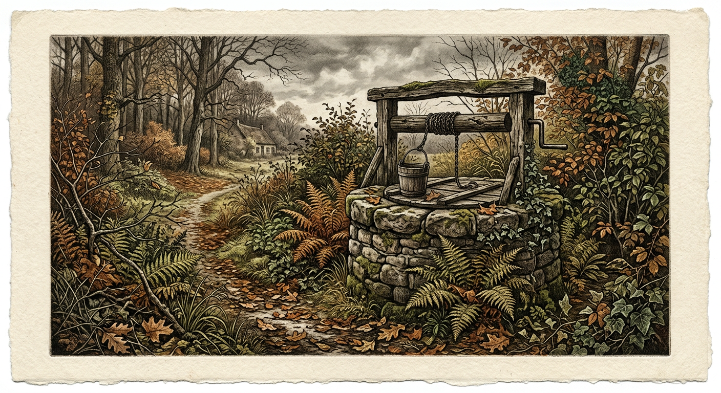 Oude stenen waterput met varens in een gure herfstmiddag, ets-stijl