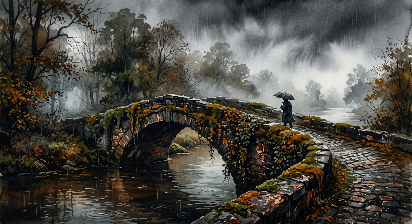 Aquarel van een oude stenen boogbrug met mos en klimop, waar een eenzame wandelaar met paraplu in de herfstregen oversteekt