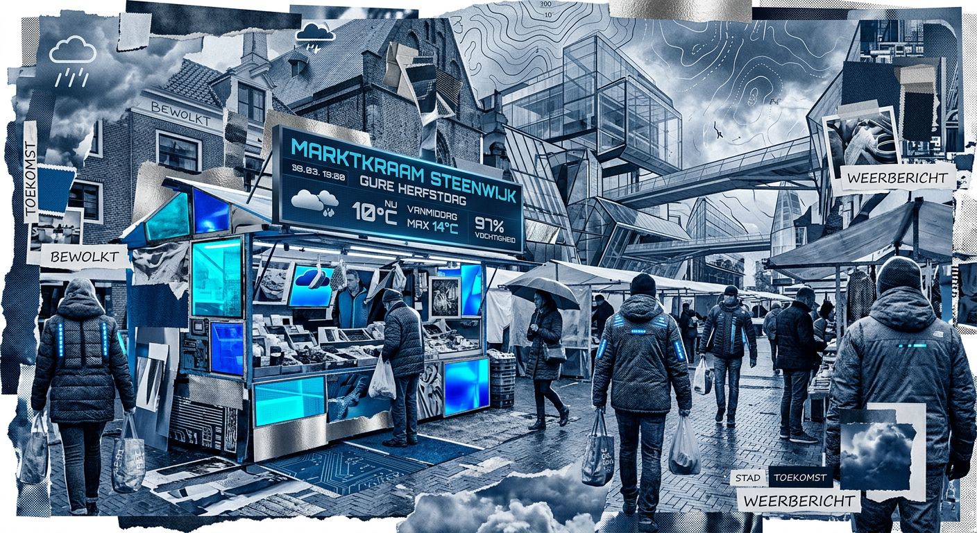 Futuristische collage in monochroom blauw van een marktkraam op een plein in Steenwijk, met wandelaars in warme kleding