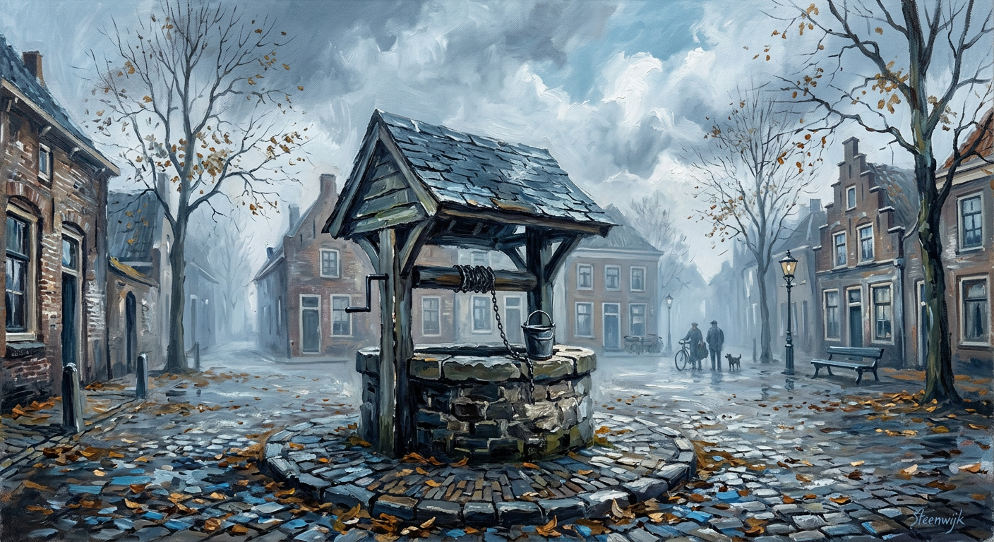 Expressionistisch schilderij van een oude stenen waterput op een met keien geplaveid dorpsplein in een mistige herfstochtend