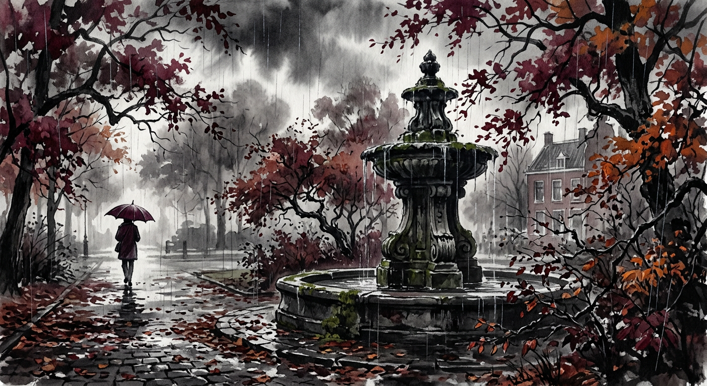 AI gegenereerde foto: oude stenen fontein in een park op een regenachtige herfstmiddag