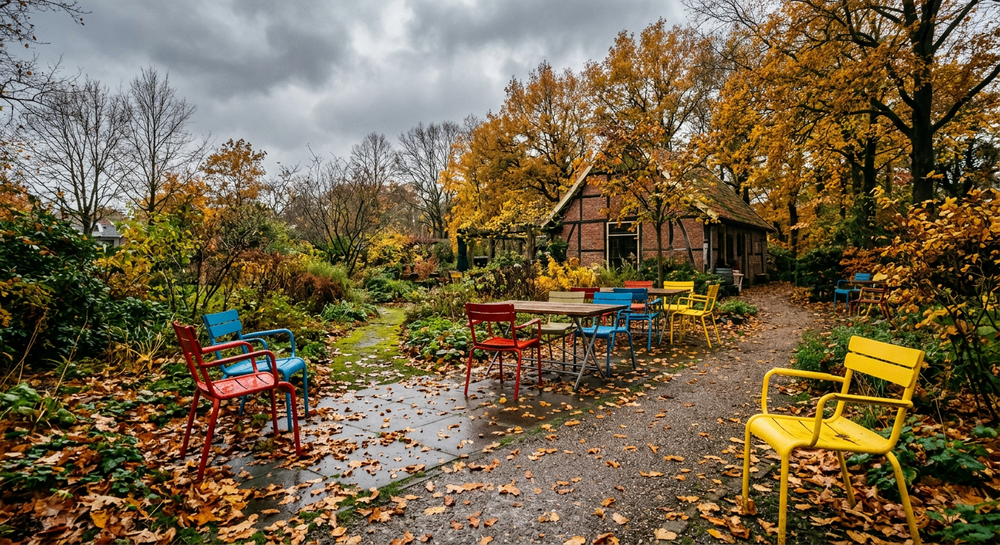AI gegenereerde foto: verlaten theetuin met lege kleurige stoelen op een bewolkte herfstdag