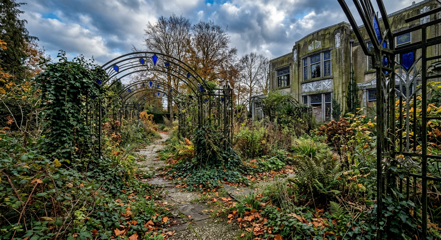 AI gegenereerde foto: verlaten tuin met overwoekerd pad onder smeedijzeren bogen op een winderige oktoberdag
