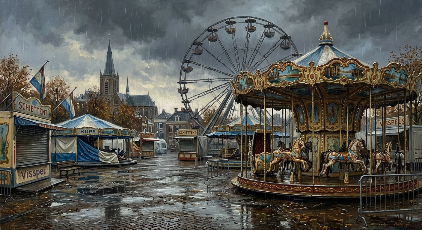 Verlaten kermis op een regenachtig stadsplein in de herfst: draaimolen, kramen, reuzenrad en een gotische kerktoren in olieverfstijl