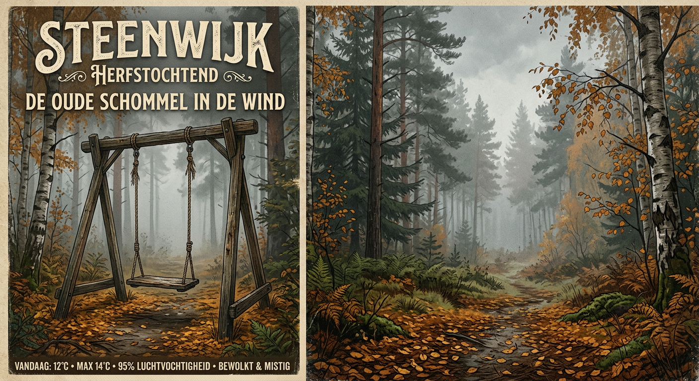 Retro poster-illustratie van een lege houten schommel op een mistig herfstbos­pad