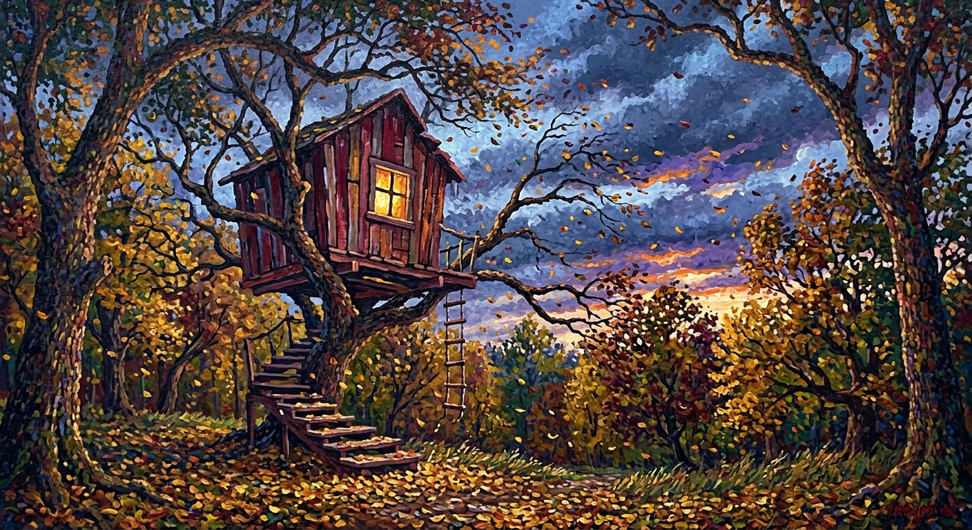 AI-gegenereerd schilderij van een houten boomhut in een herfstbos bij schemering
