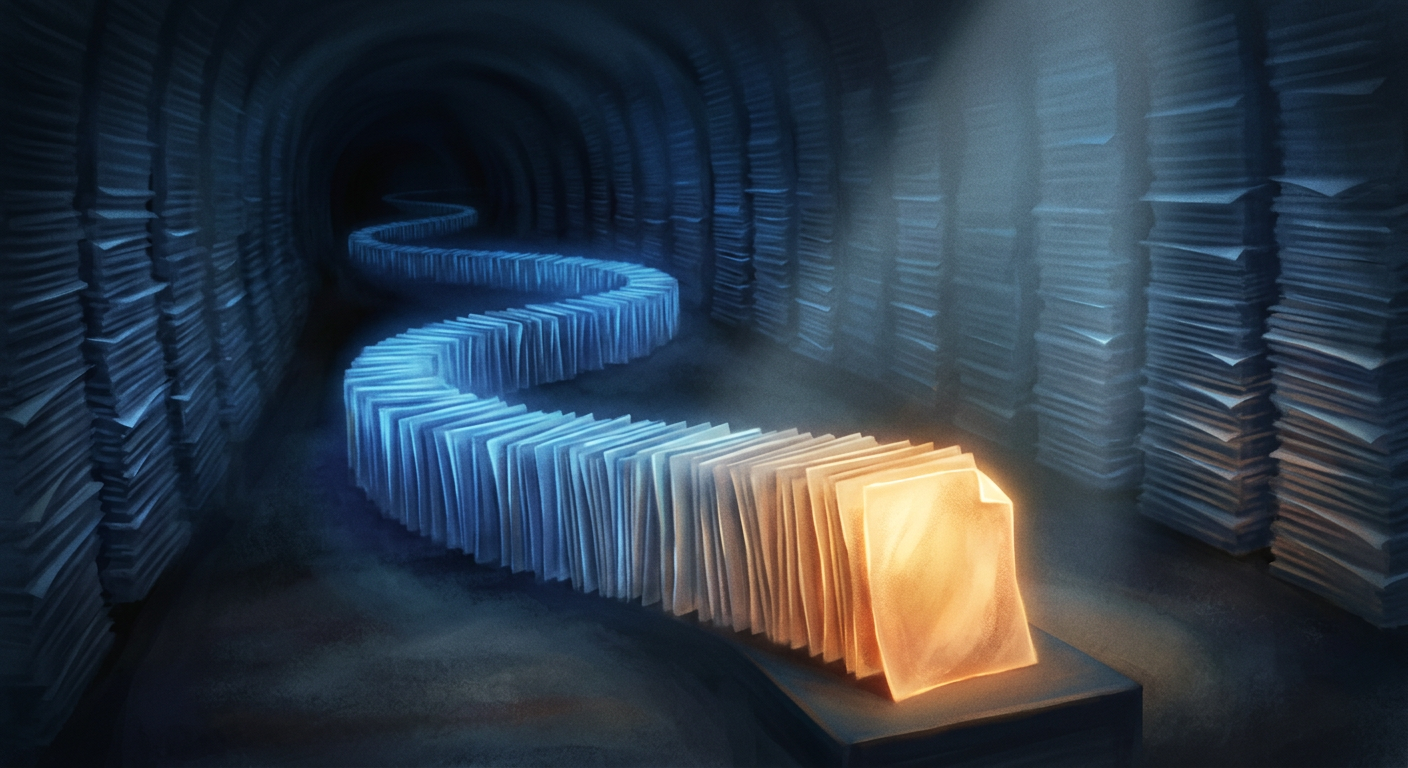 Abstracte illustratie van een lange rij gloeiende notities die in het donker vervaagt, één in warm amber licht